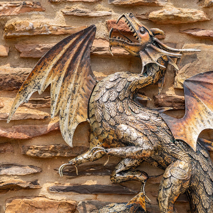 Close up of scales Metal serpent dragon wall hanging sculpture with coiled body and wide wings