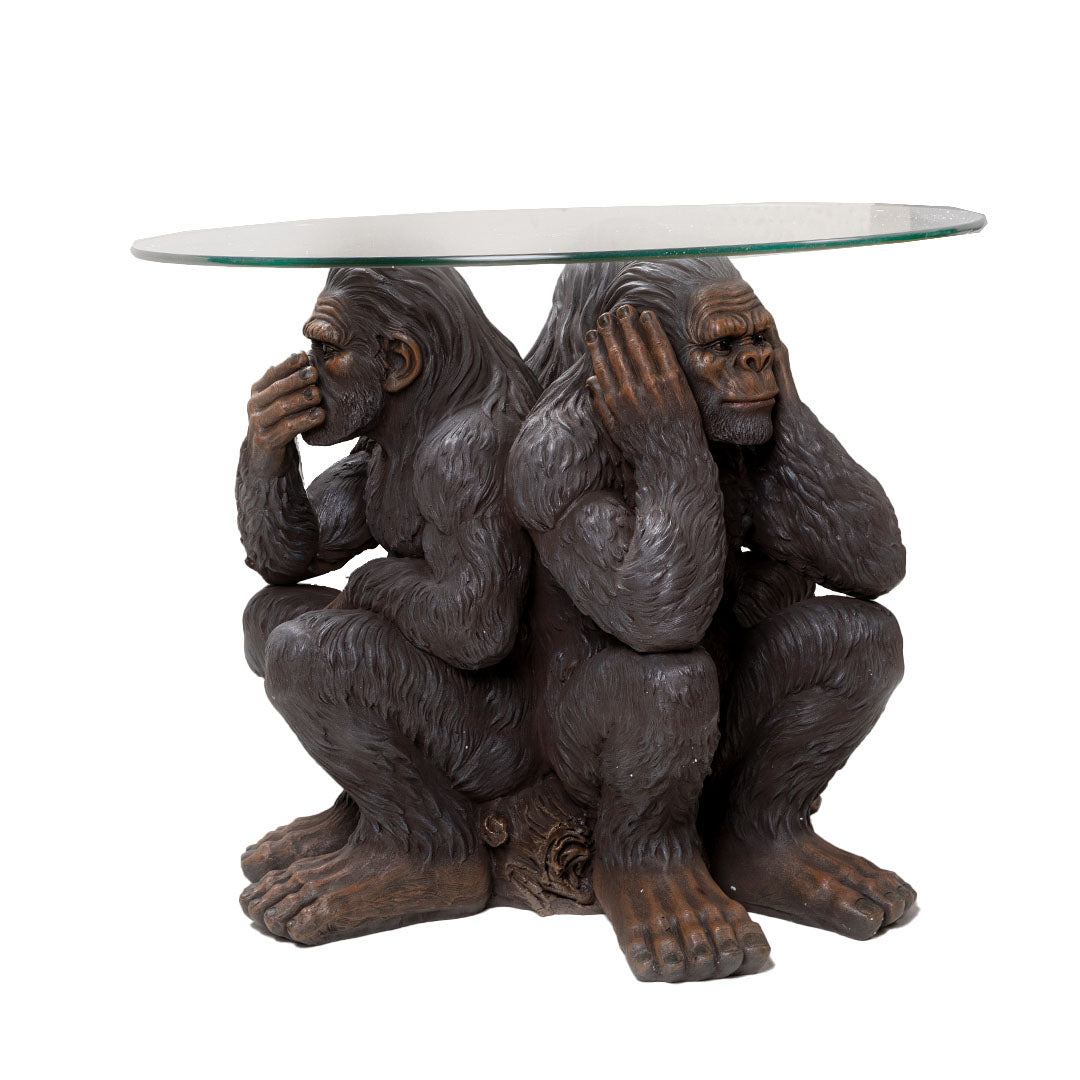 Bigfoot table base depicting see no evil, hear no evil, speak no evil Sasquatch figure