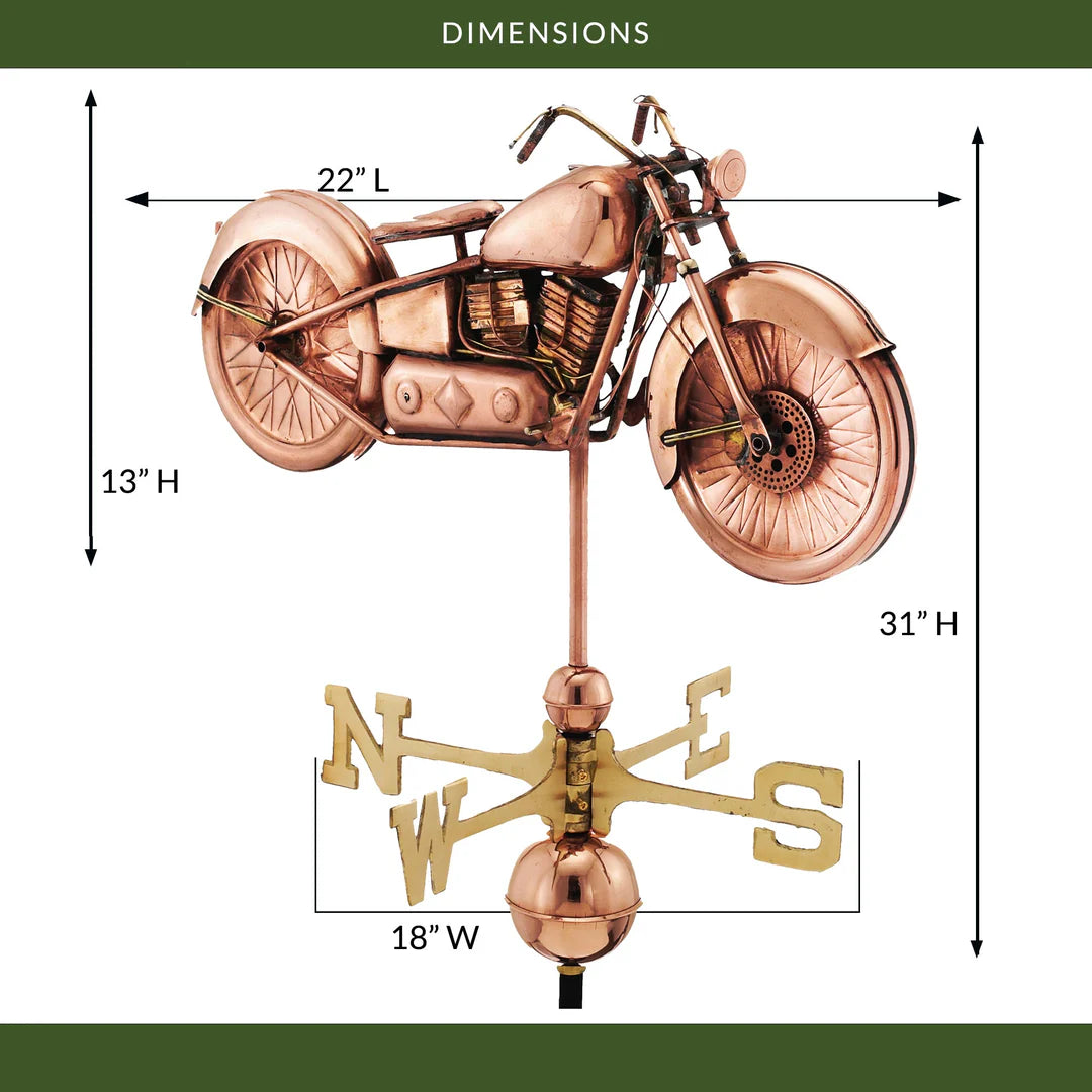 motorcycle weathervane showing sizes and measurement garden sculpture 