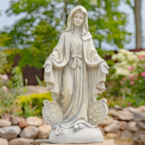 beautifully crafted garden statue of the Blessed Mother Mary stands at an elegant 36 inches tall