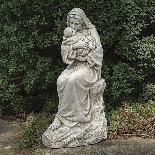 Mother Mary Kissing Baby Jesus Garden Statue on Rock Outdoor Sculpture Religious