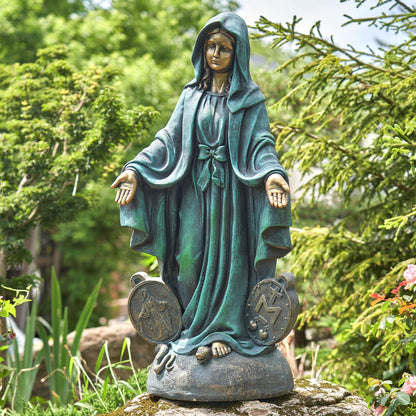 Blessed Mother statue with Miraculous Medal symbols