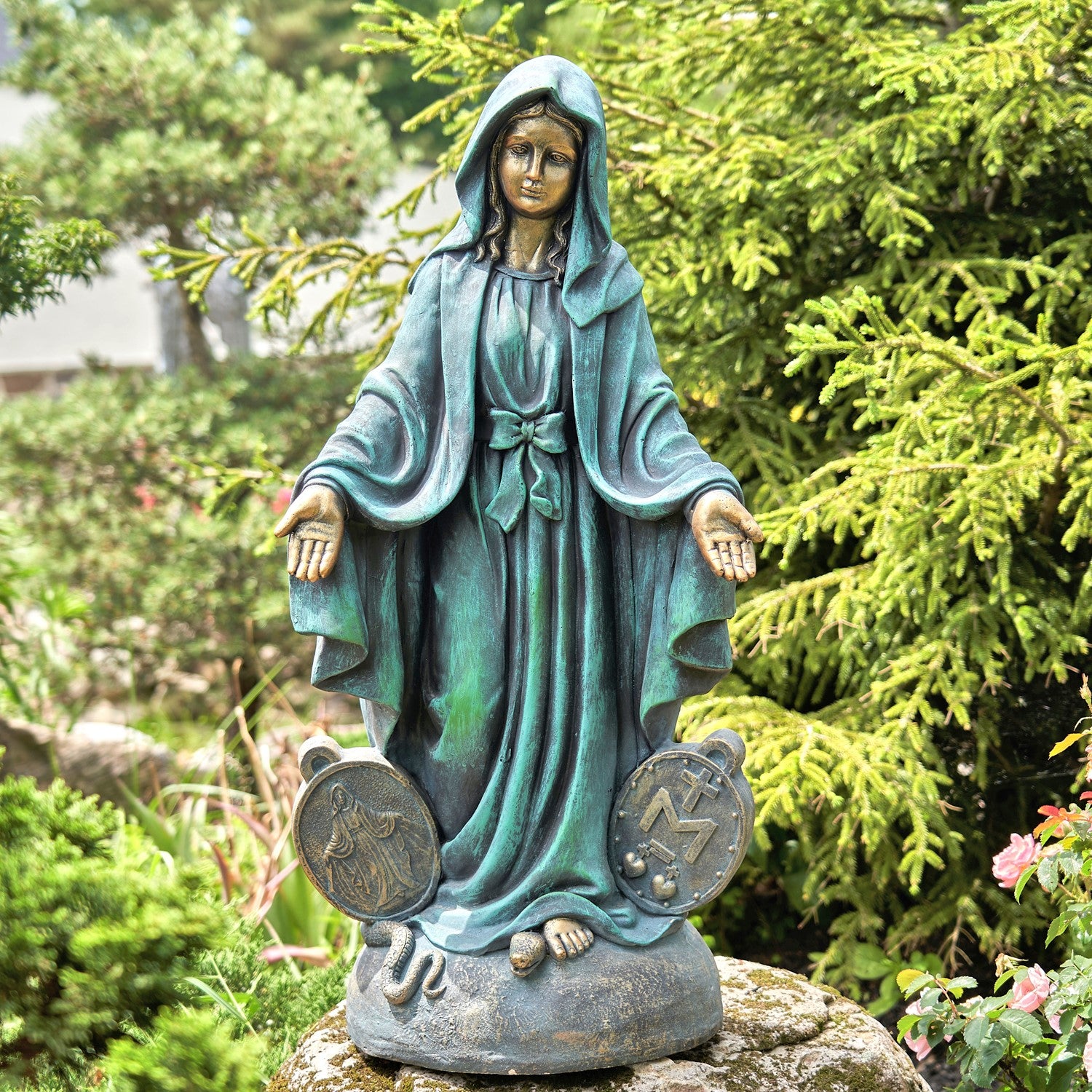 Blessed Virgin Mary garden sculpture with open hands