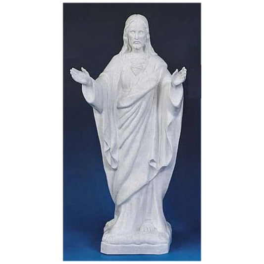 White statue of a Blessing Sacred Heart Faux Granite religious lawn ornament with outstretched arms on a blue background