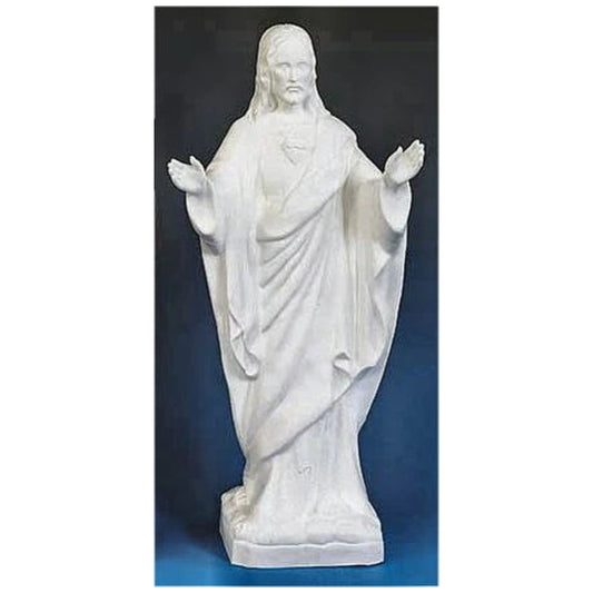 White marble statue of a Catholic Sacred Heart of Jesus blessing Lawn Decor, with outstretched arms on a blue background