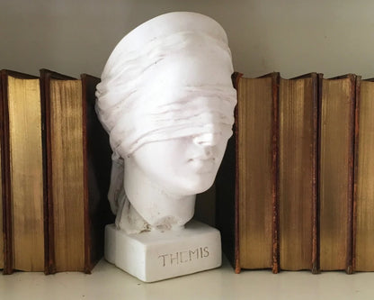 Marble bust of a woman named Themis between two old books
