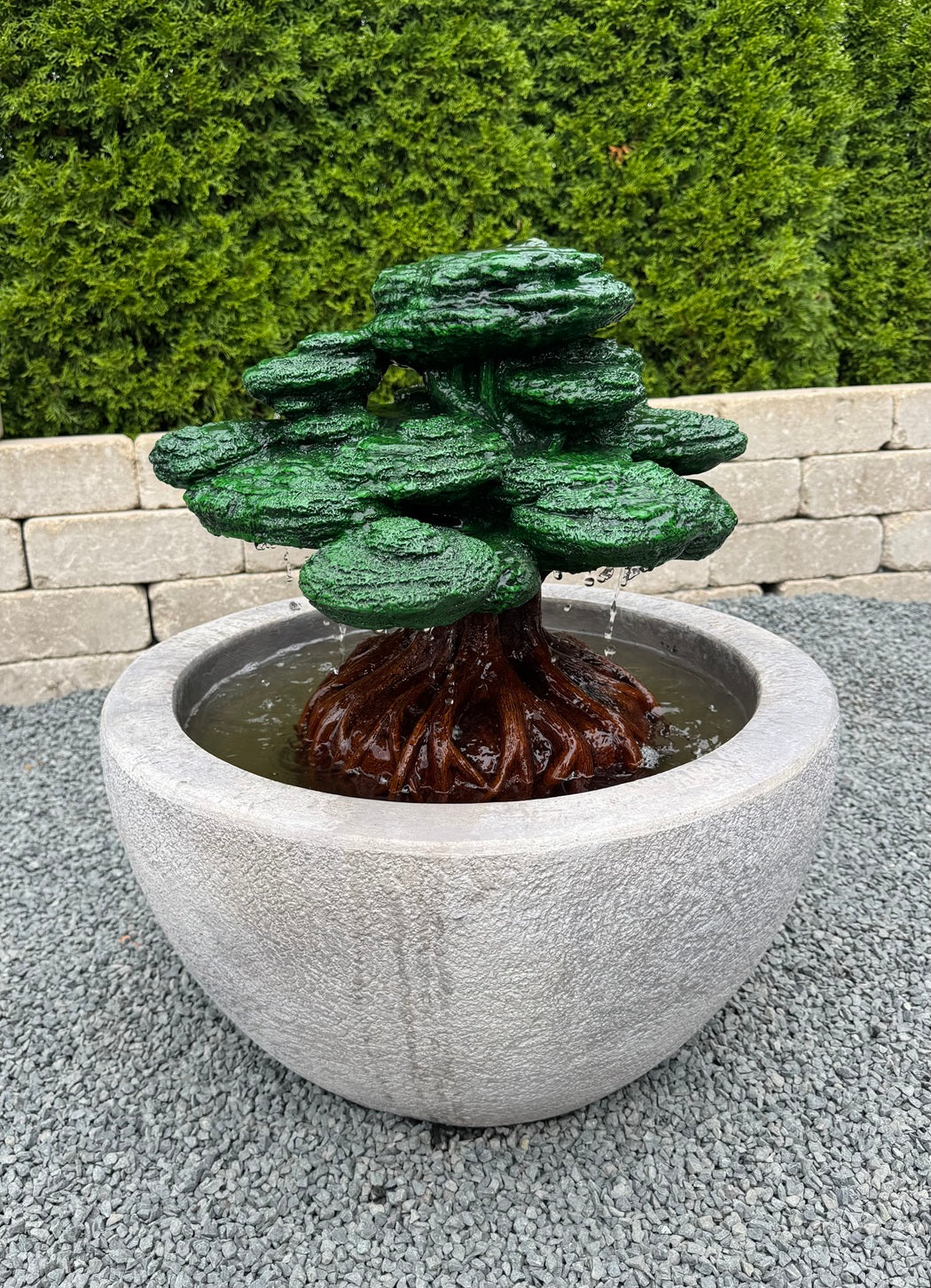 Japanese style garden fountain with LED light bowl fountain depicts the Bonsai Tree