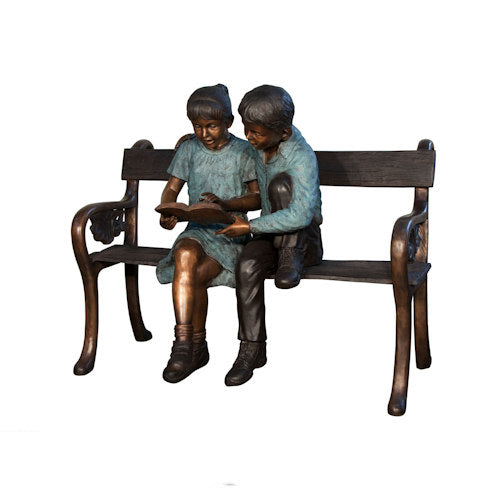 Boy & Girl Reading On Bench Bronze