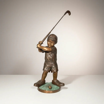 Little Boy Golfer with Big Shoes Bronze Statue Garden Sculpture