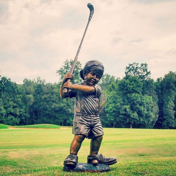 Boy Playing Golf Bronze Sculpture Fathers Shoes Large Golfing Figurine