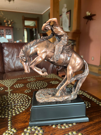 Breaking the Bucking Stallion Cowboy Sculpture snake on base scared horse