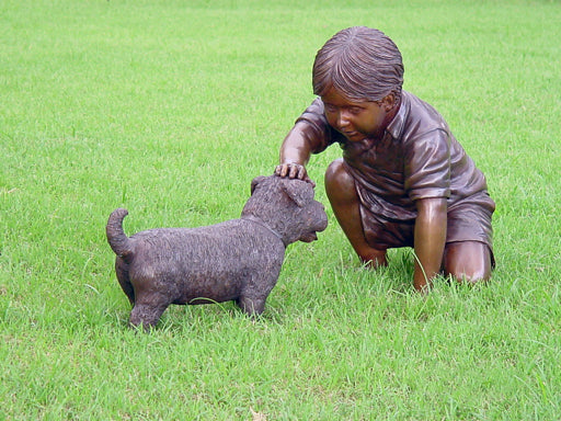 boy petting dog bronze statue life size garden sculpture