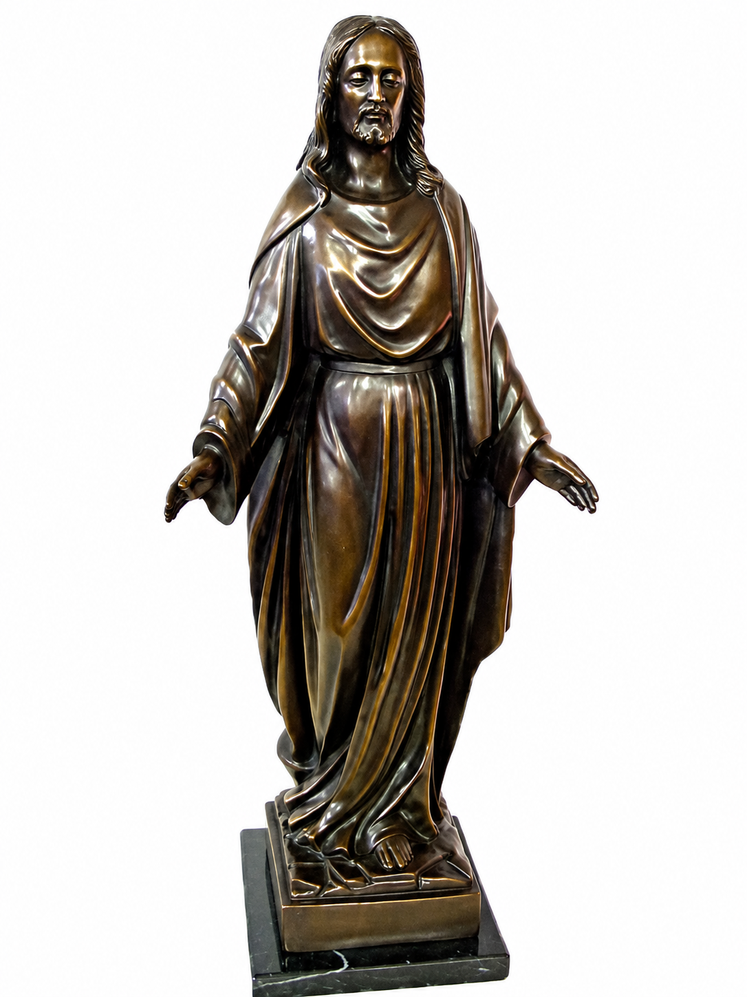 A bronze-finished statue of Jesus Christ with outstretched hands, standing on a dark rectangular base against a plain white background.