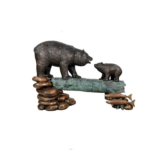 Bronze Bear Sculpture On Log With Cub
