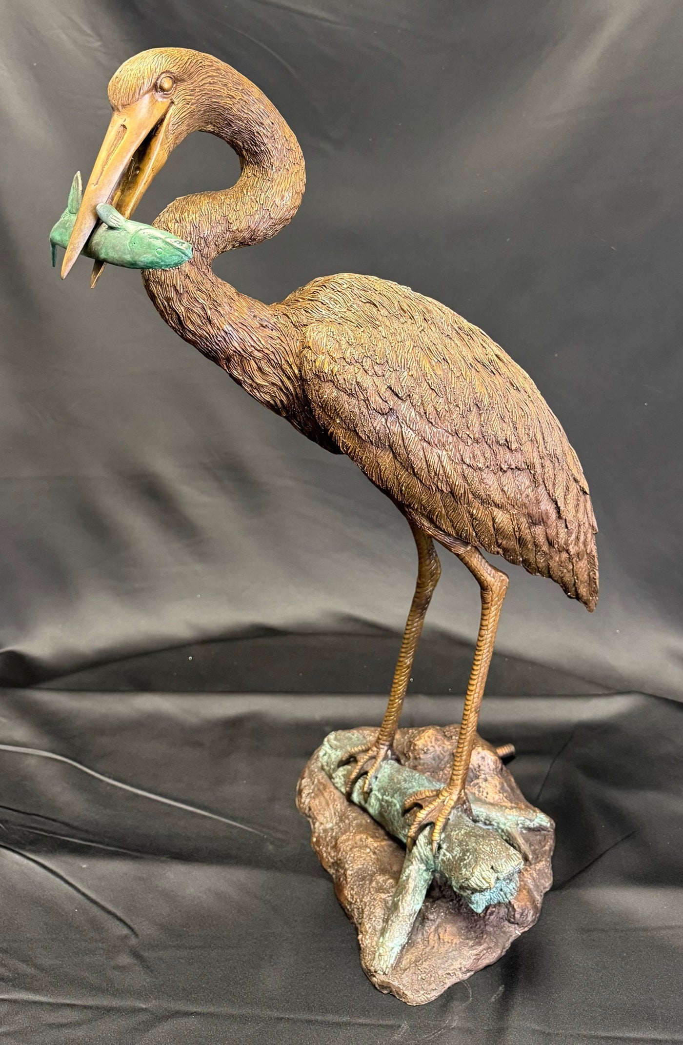 Bronze Fishing Heron Garden Water Feature Sculpture