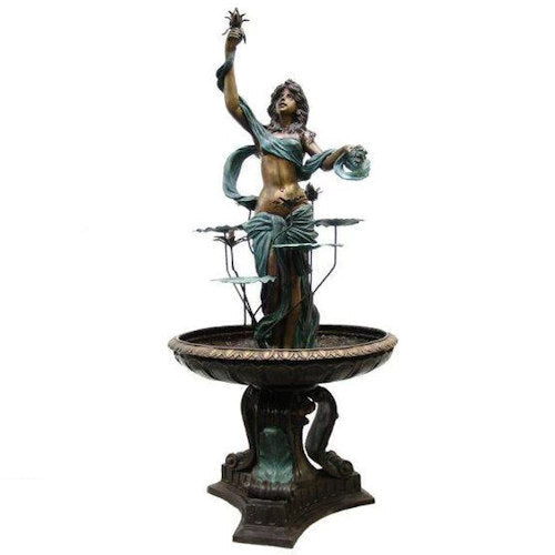 Bronze Garden Goddess Woman in Lotus Fountain