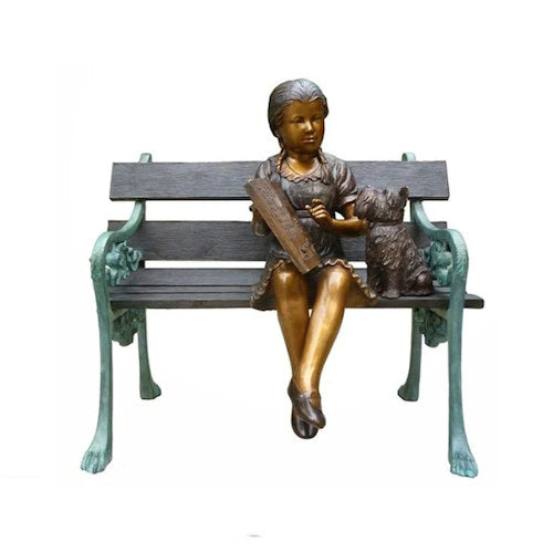 Bronze Reading Girl Sitting on Bench with Dog Statue