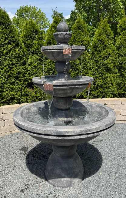 Buckingham fountain with eight copper spillways and is three tiers cast stone
