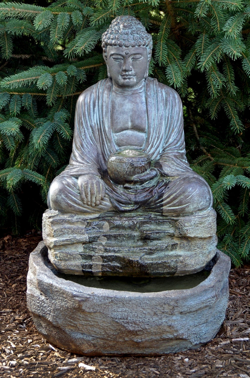 Buddha garden fountain water pours out of bowl Asian Zen water feature