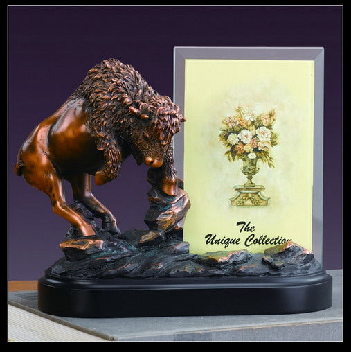 Buffalo picture frame sculpture holds 4x6 photo, detailed resin wildlife award statue ideal for conservation honors, trophies or western display gifts
