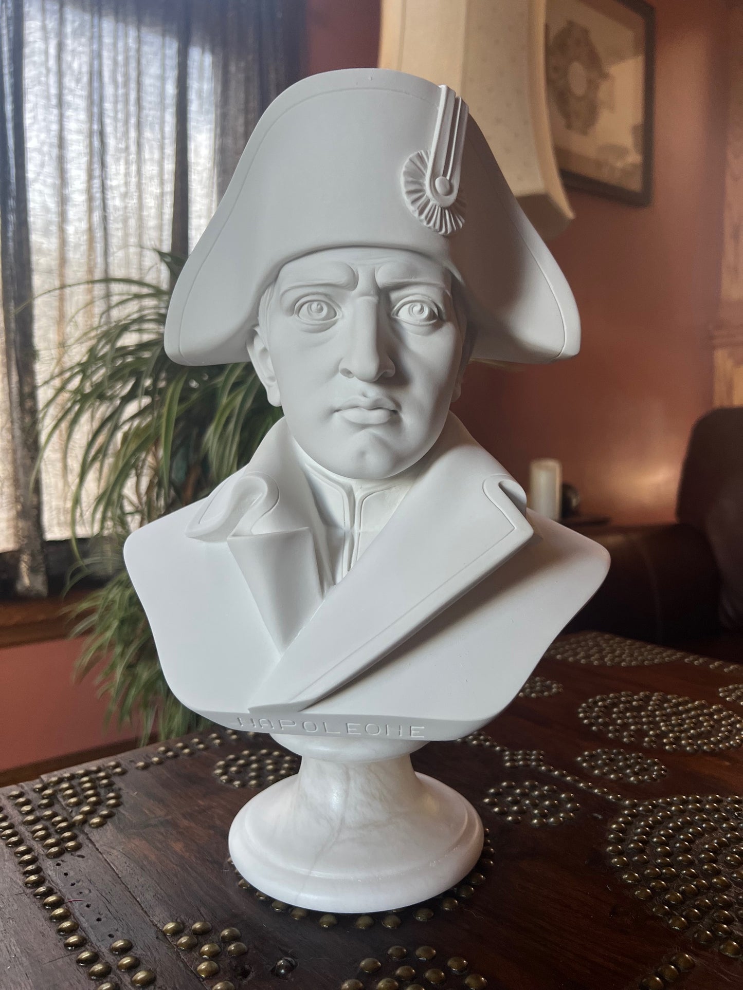 Napoleon Bonaparte bust statue on alabaster base, Italian crafted portrait sculpture