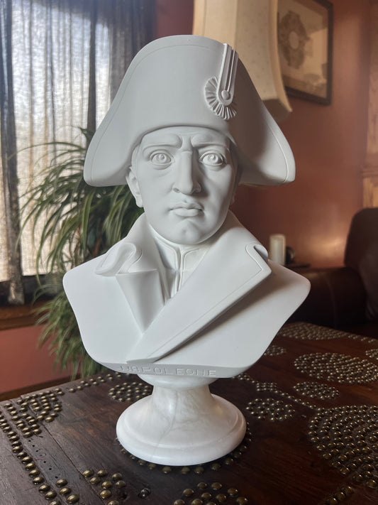 Napoleon Bonaparte bust statue on alabaster base, Italian crafted portrait sculpture