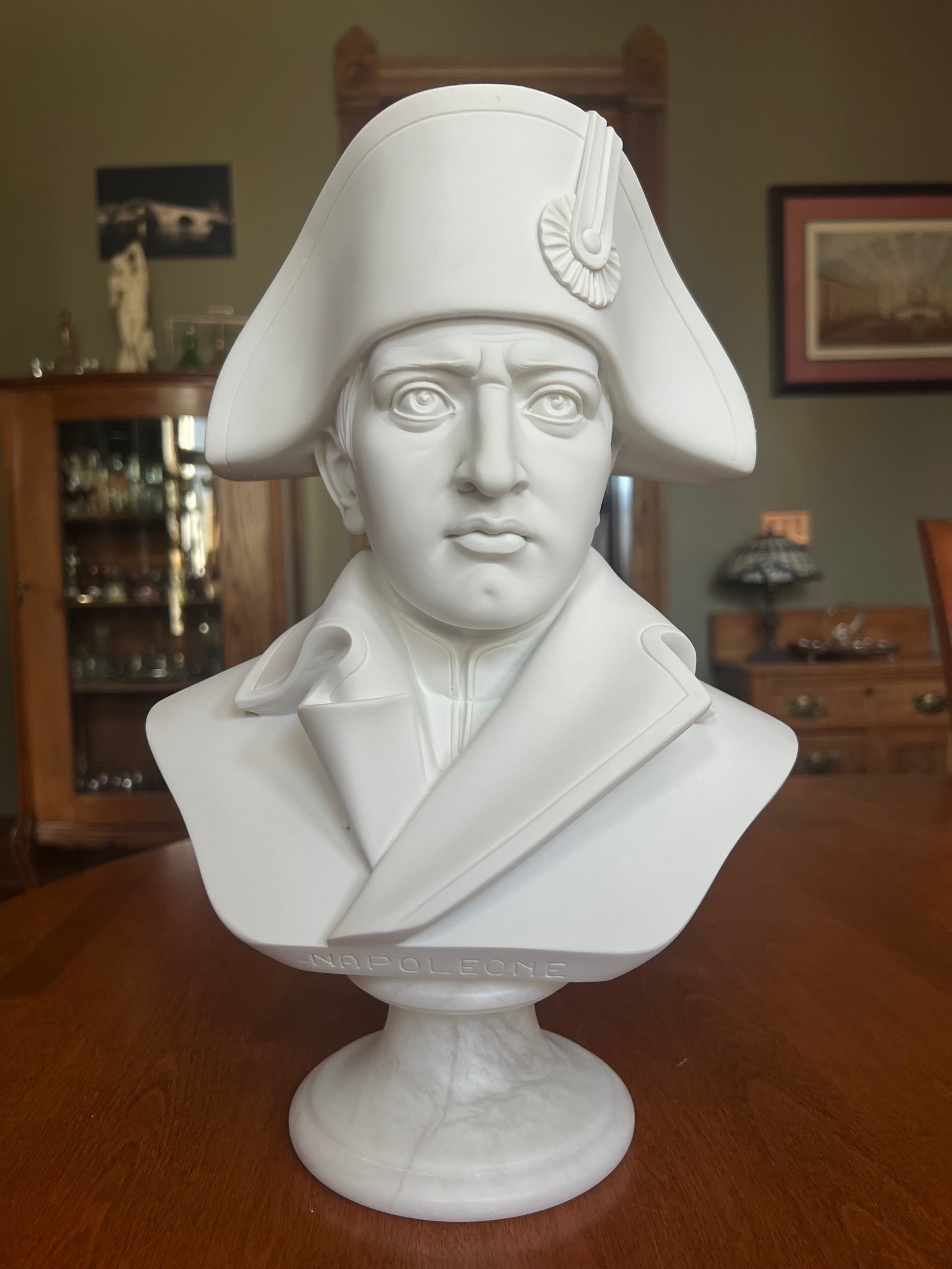 Napoleon Bonaparte bust sculpture on alabaster base, Italian crafted portrait statue