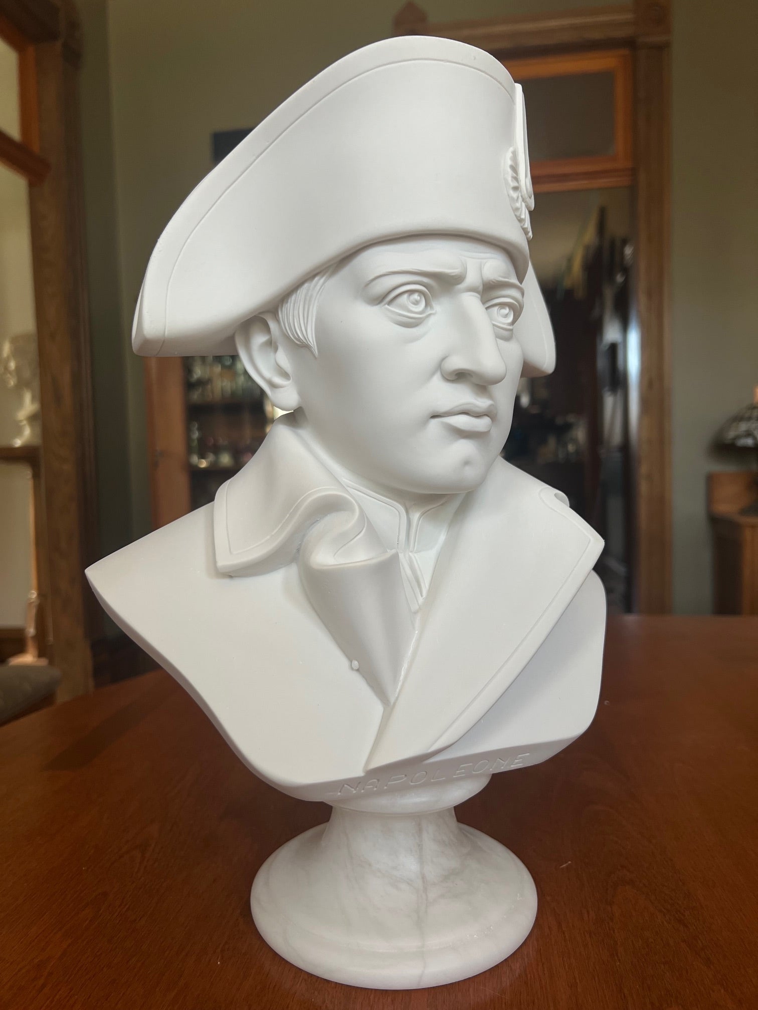 Napoleon Bonaparte bust statue on alabaster base, Italian crafted portrait head sculpture