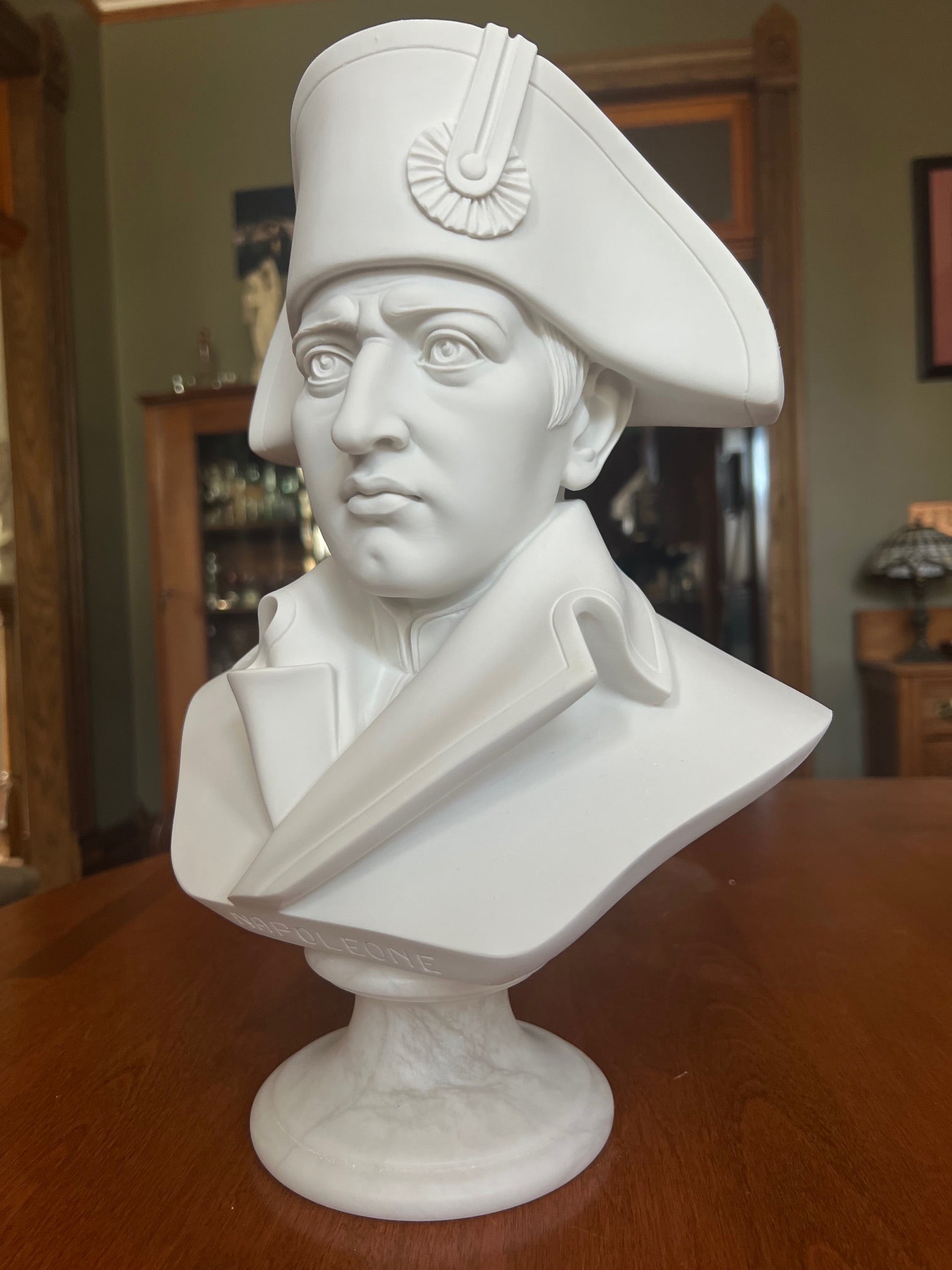 Napoleon Bonaparte bust statue side view on alabaster base, Italian crafted portrait sculpture