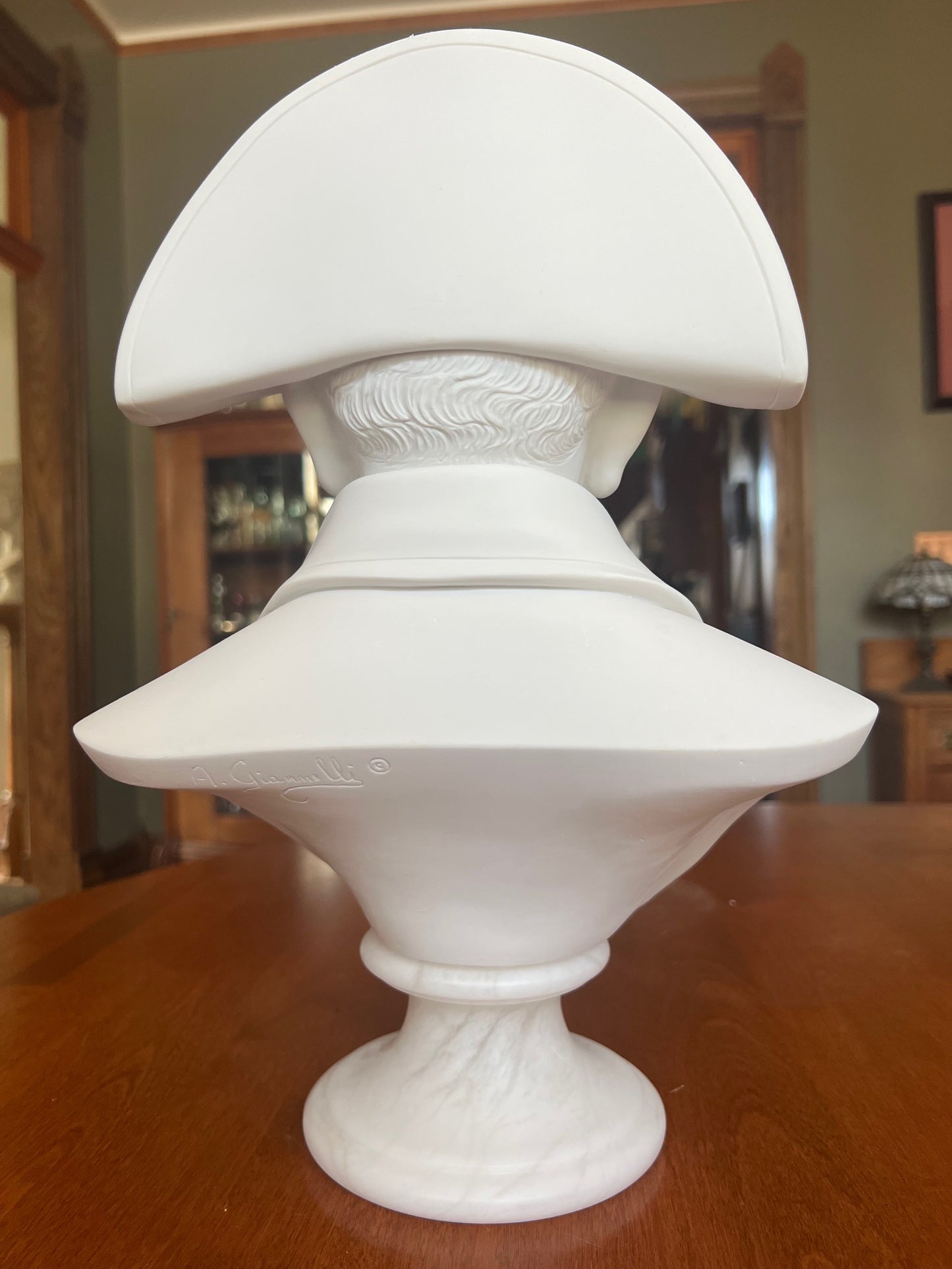 Napoleon Bonaparte bust statue on alabaster base back view, Italian crafted portrait sculpture