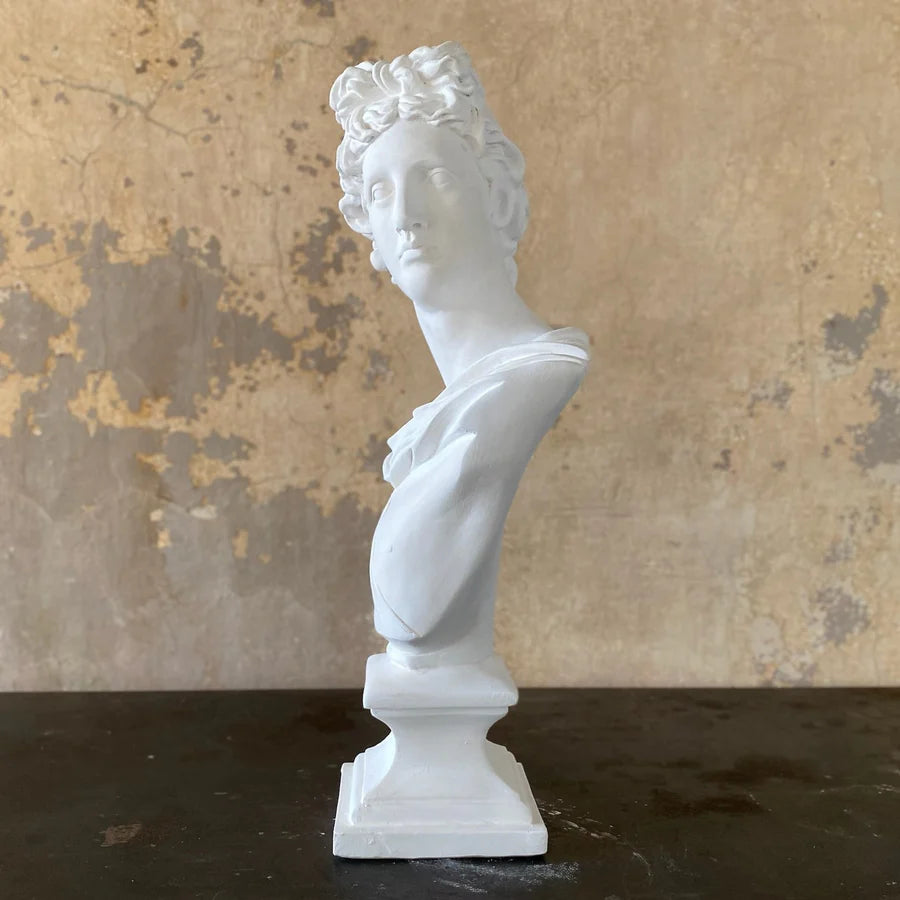 White marble bust on a dark surface with a textured beige wall background