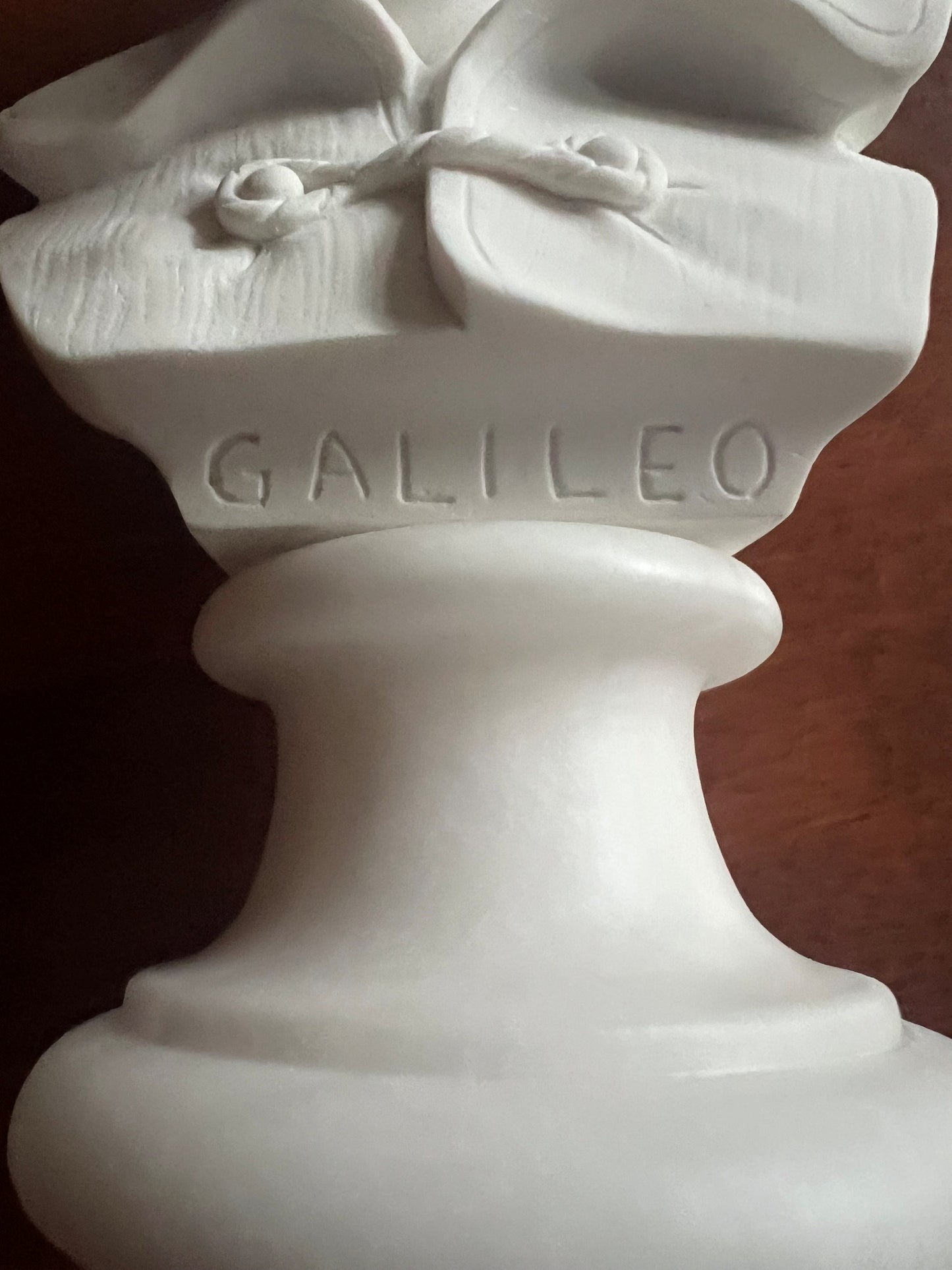 Galileo Galilei bust alabaster statue close up of name on base