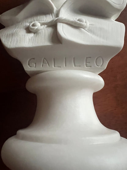 Galileo Galilei bust alabaster statue close up of name on base
