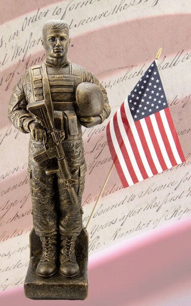Camo Soldier with Flag Statue Helmet Rifle Garden Cement Military