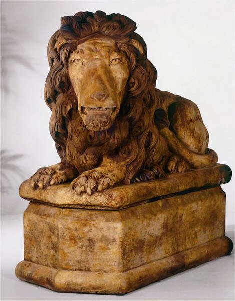 Grand Lion Facing Left Stone Statue & Pedestal Cement Decor