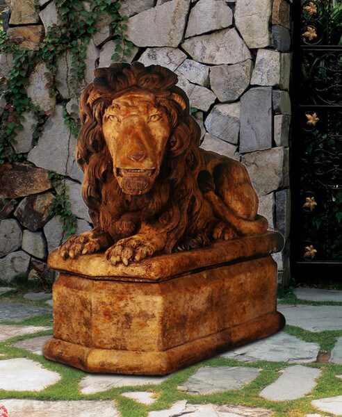 Grand Lion Facing Left Stone Statue along Pedestal Base Plinth stone