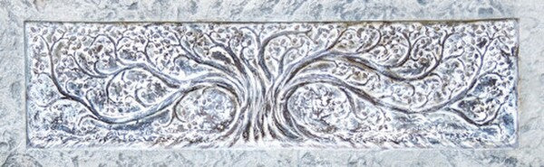 oak tree garden bench close up of back rest cement stone leaves