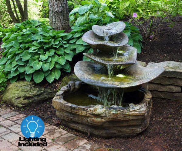 Giant Leaf Cement Garden Fountain with Light Natural to Contemporary