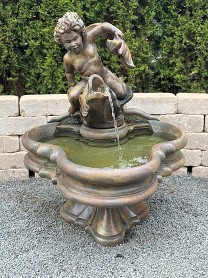 Vitalius Fountain Boy on Fish Garden Statuary Spouting Water Italian