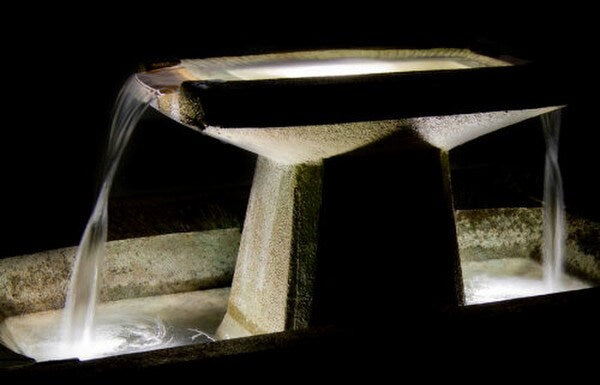 Art Deco Cement Fountain Rectangular floret corners lighting throughout