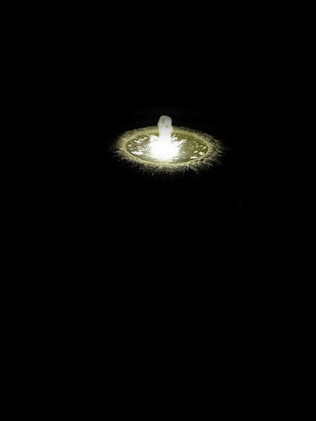 Low Organic Bowl Fountain while a plume of light dances above nighttime