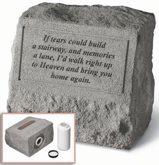 Cement memorial stone with poem and spot for note in bottom