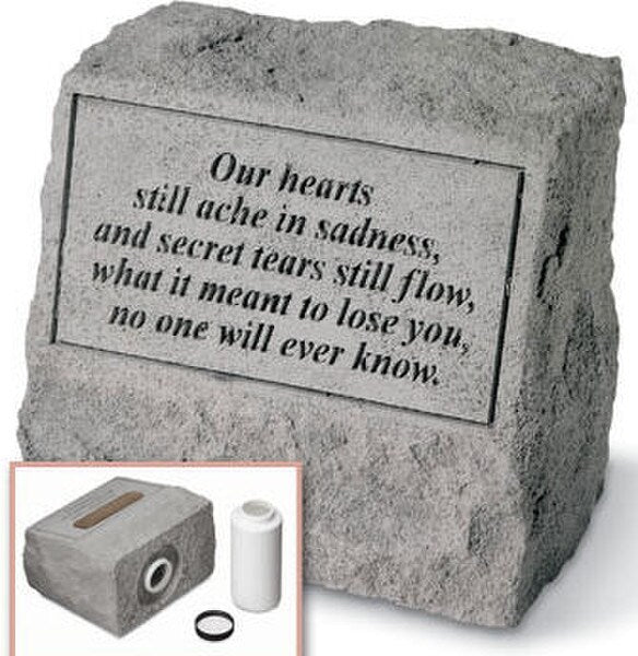 Cast stone pet memorial headstone with poem and slot for note