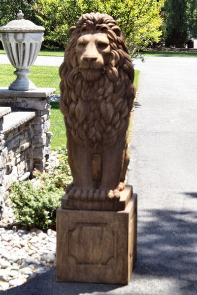 Grand Sitting Lion Cement Statue on Plinth