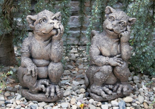 Listening Thinking Gargoyle Set Pair Garden Statuary Cement Unique