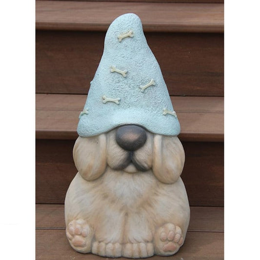 Dog Garden Gnome Cement Statue Hat has dog bones Outdoor Sculpture