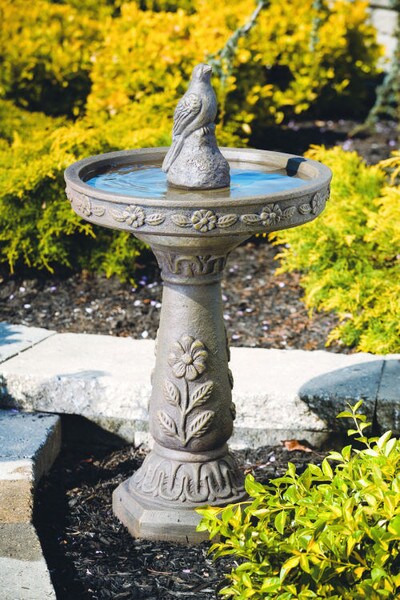 Daisy Bird Bath With Baby Bird Sitting Concrete Cement Heavy Made