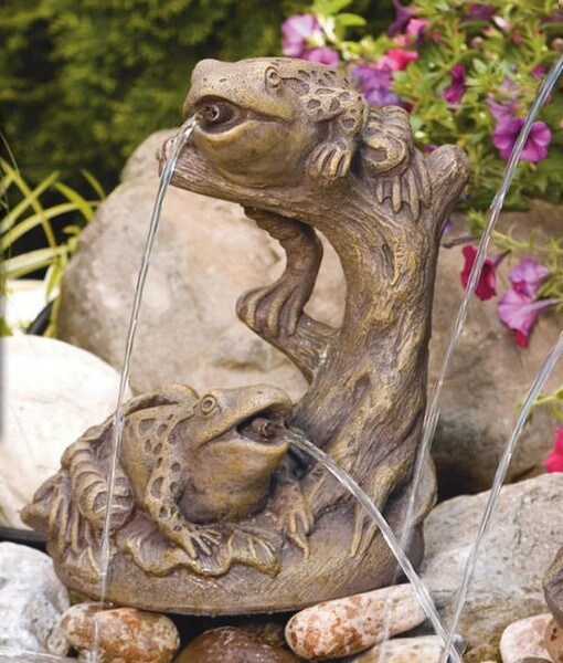 Garden Frogs Piped Water Feature Statue Cement Log Lily Pad Statuary