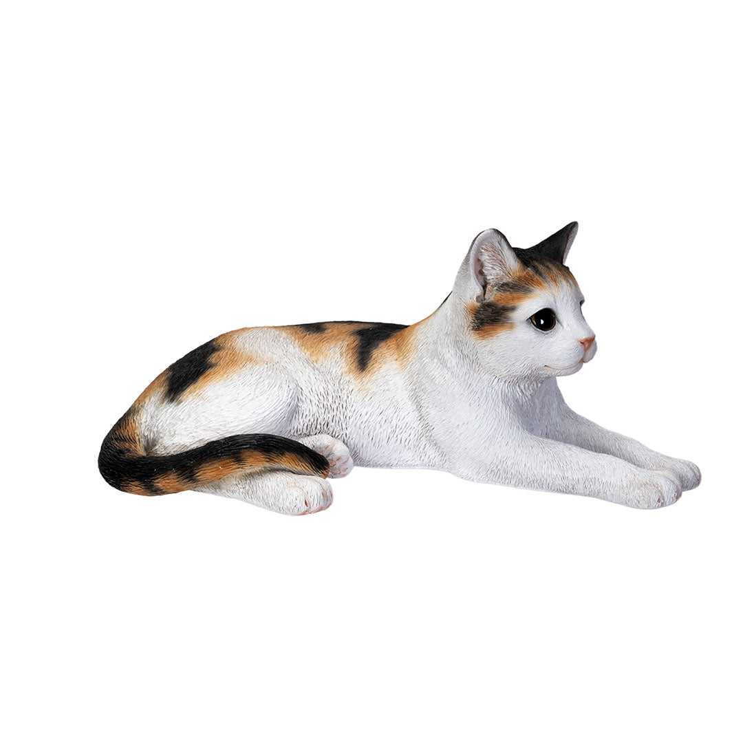 Side View Life like calico cat sculpture lying down with realistic details