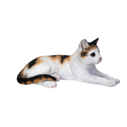 Side View Life like calico cat sculpture lying down with realistic details